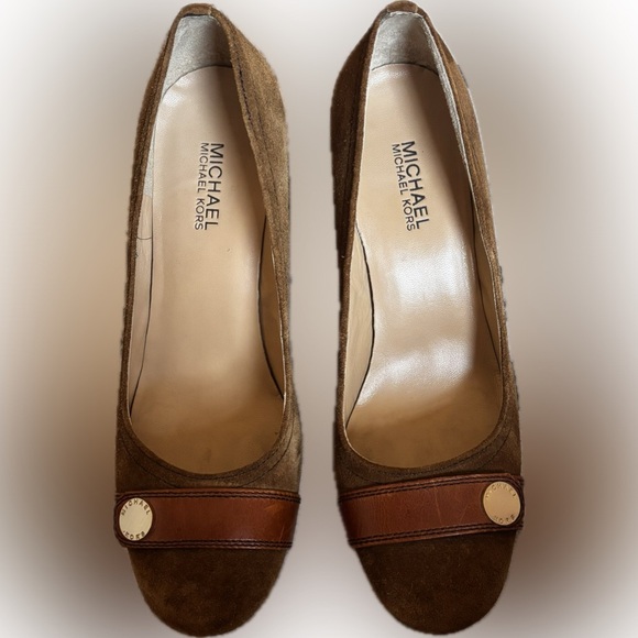 Michael Michael Kors | Brown Suede Pumps | Wooden Heel & Logo Strap | 8.5M - Picture 1 of 11